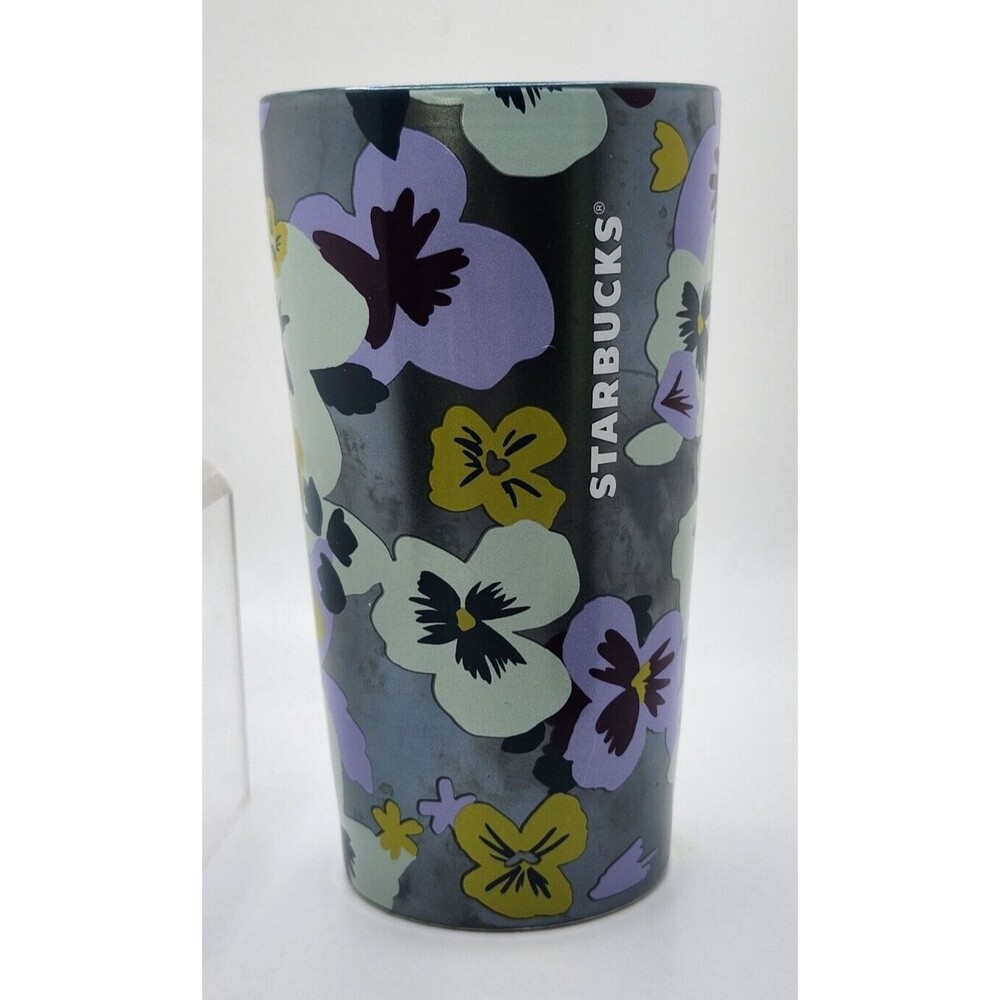 Starbucks Purple Pansy Double Wall Ceramic Tumbler 12oz ~  Purple Lid